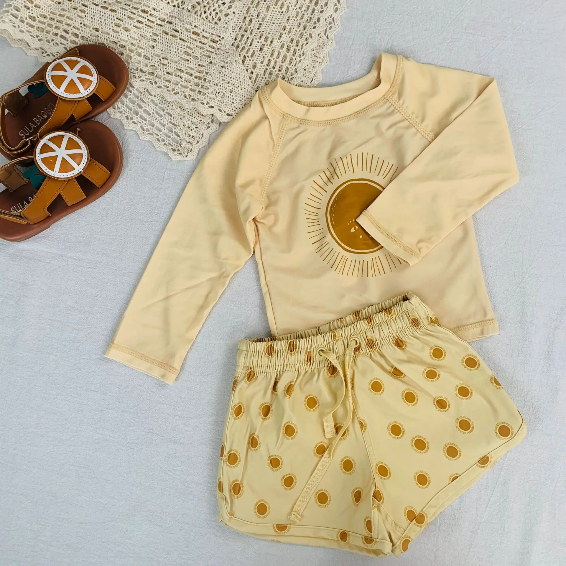 Boys kids swimsuits 2pcs Summer Baby Boys Swimwear Sets Long Sleeve Tops Shorts Sun-proof Elastic Beach Vacation