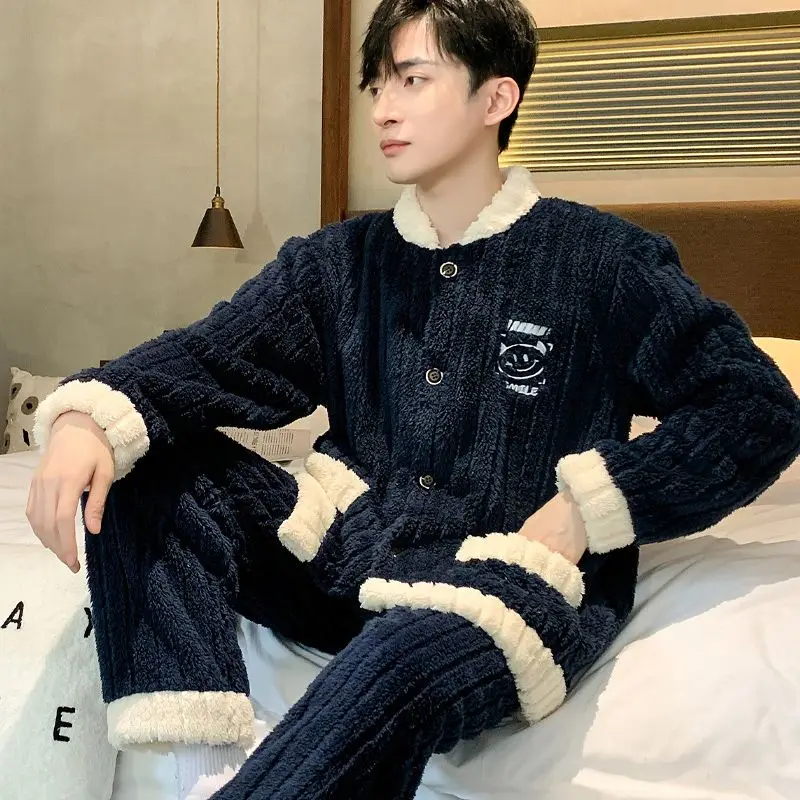 Flannel Housewear Men's Pajamas Winter Coral Velvet Thickened Warm Sleepwear Male Loose Pijamas Pants 2 Piece Set Sleep Clothes