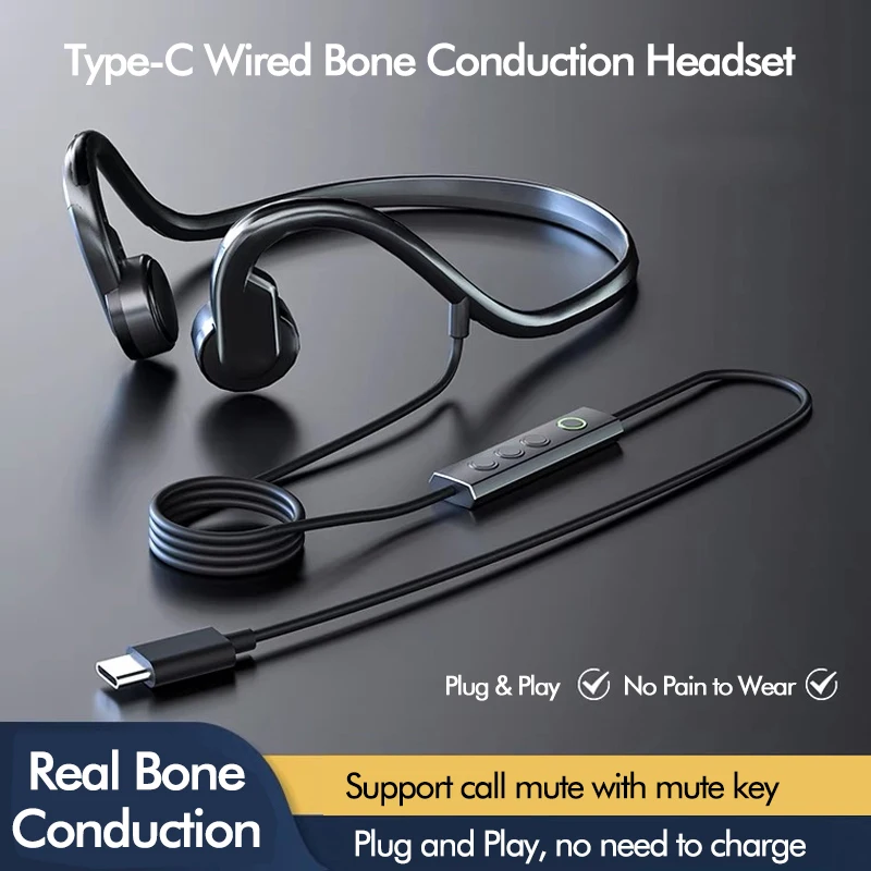 Bone Conduction Earphones Wired USBC Headphones with Mic Mute Button