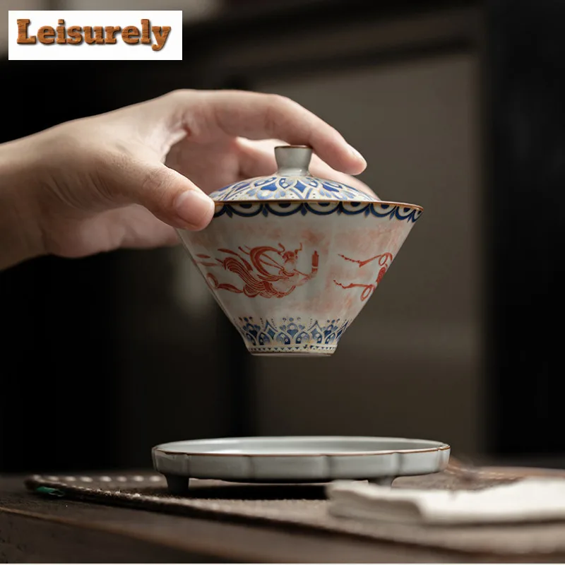 150ml Chinese Dunhuang Apsaras Pattern Gaiwan Creative Ru Kiln Bamboo Hat Tea Tureen Tea Brewing Cover Bowl Cafes Ornaments