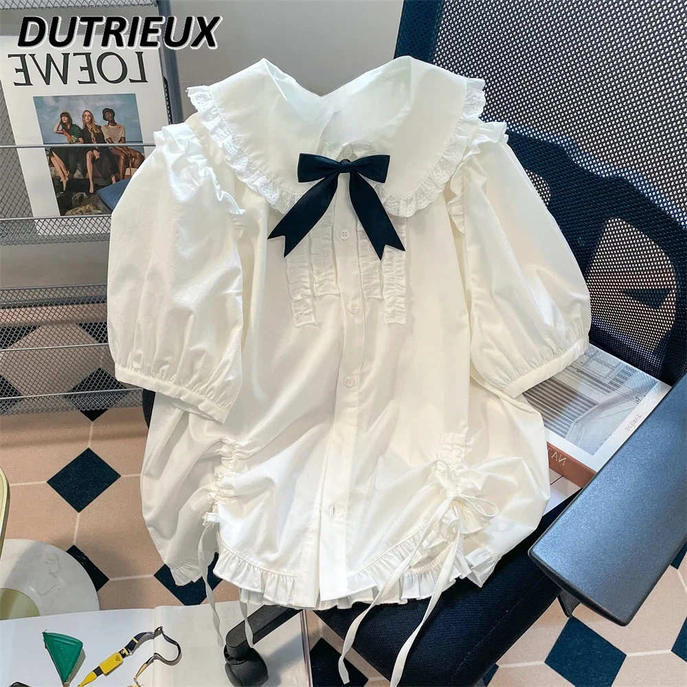 

Japanese-Style Retro Bow Doll Collar Shirt Summer Sweet College Style Ruffled Solid Color Blouse Short Sleeves Tops Camisas