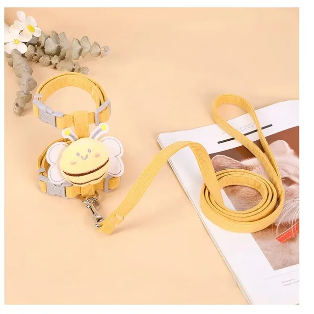 Cat Harness Leash Collar Set Adjustable Cartoon Bee Double Layer Dog Harness for Small Medium Pet Collar Leash Outdoor Walking 6
