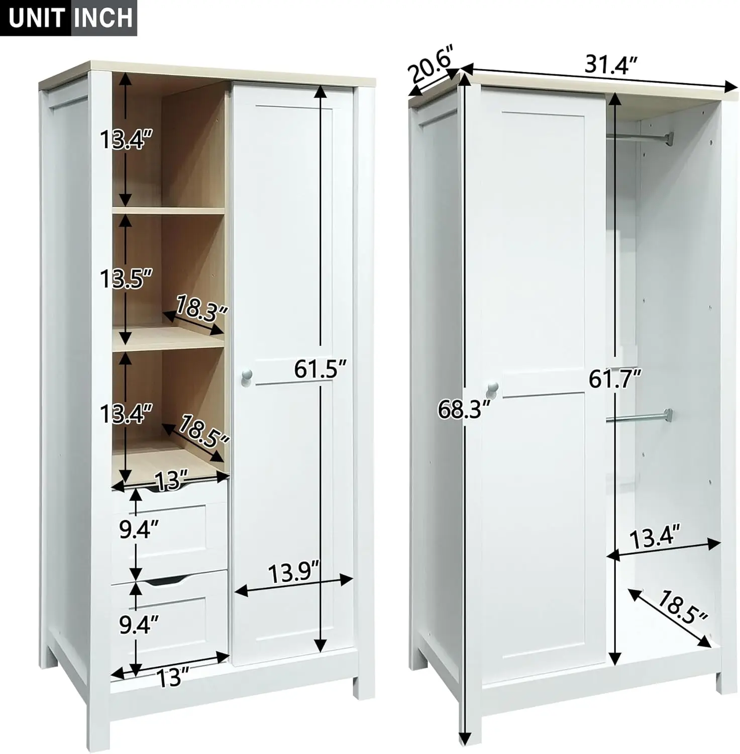Kids Armoire Wardrobe Closet, Small Wardrobe Closet with 2 Hanging Rods and Drawers, Freestanding Wood Closet with Shel