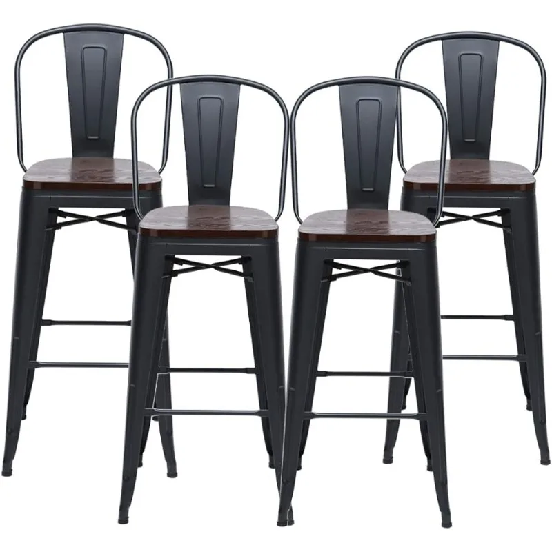 

HAOBO Home 30" High Back Barstools Metal Stool with Wooden Seat [Set of 4] Counter Height Bar Stools, Matte Black