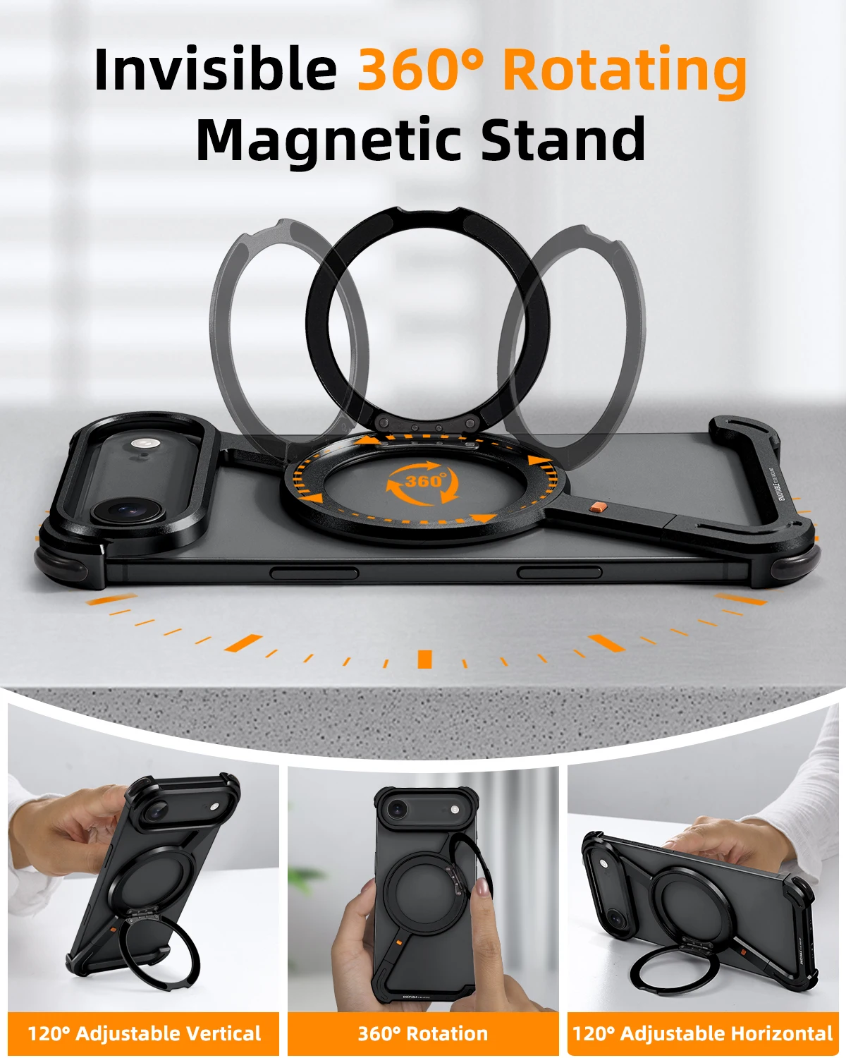 Eary Minimalist Phone Case for iPhone 17 Air Magsafe with 360°Rotatable Magnetic Ring Kickstand Aluminum Frameless Bumper Cover