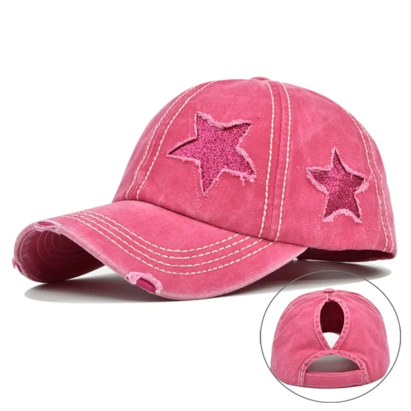 Women Ponytail Baseball Cap Washed Cotton Sun Hat Pentagram Sequins Hip Hop Snapback Hats Adjustable Sport Golf Hat