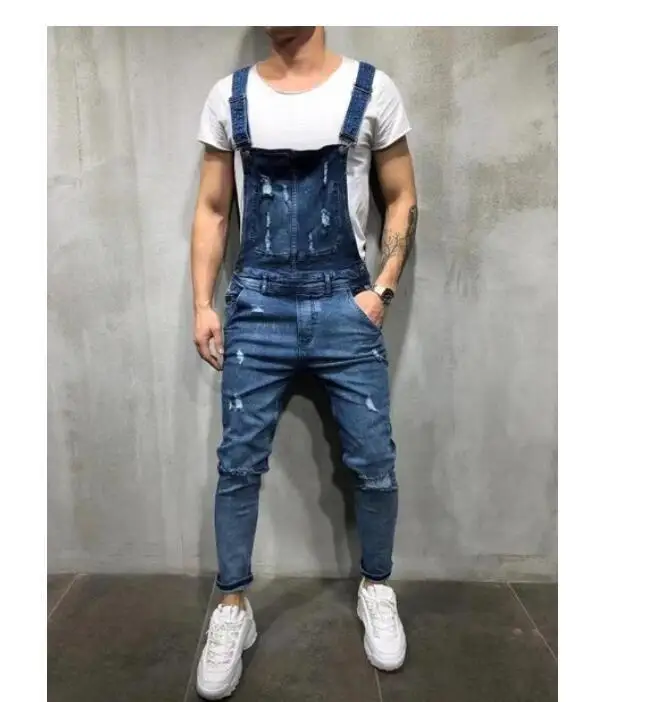 Men Jeans Overalls High Street Ripped Denim Jumpsuits Hip Hop One Piece Cargo Pants Cowboy Male Pockets Hole Suspenders