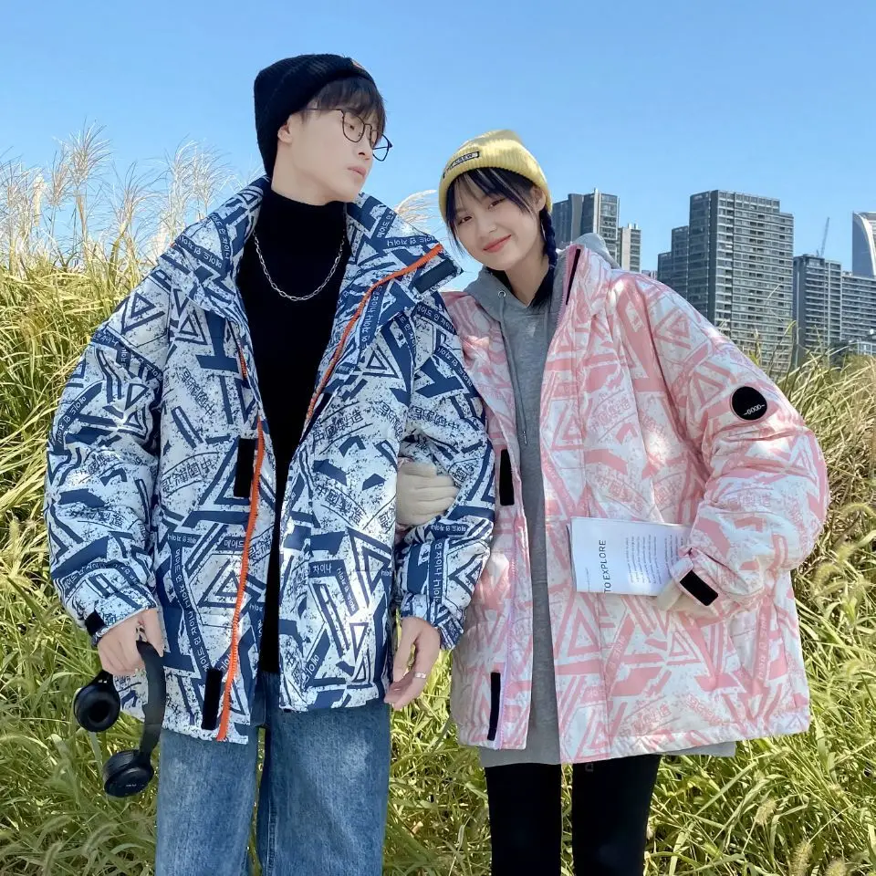 

Winter Fashion Couple Puffer Jacket Casual Loose Thicken Bread Coats Men and Women Stand Collar Printing White Duck Down Jackets