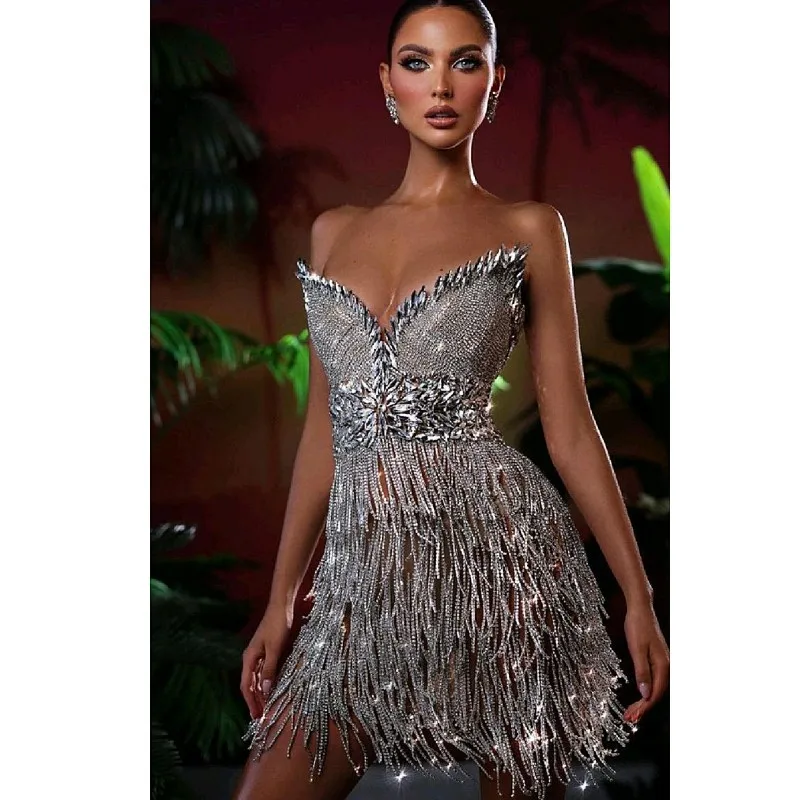 Heavy Industry Pearl Rhinestone Stretch Side Seam Tassel Short Dress