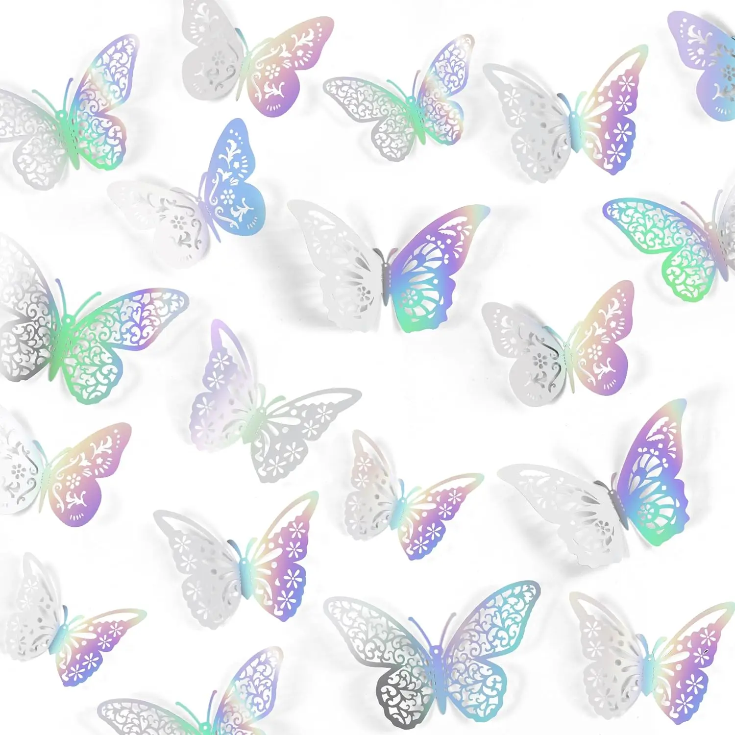 Butterfly Decorations 48 Pcs Rainbow Silver 4 Styles 3 Sizes 3D Party Wall Decor Butterflies