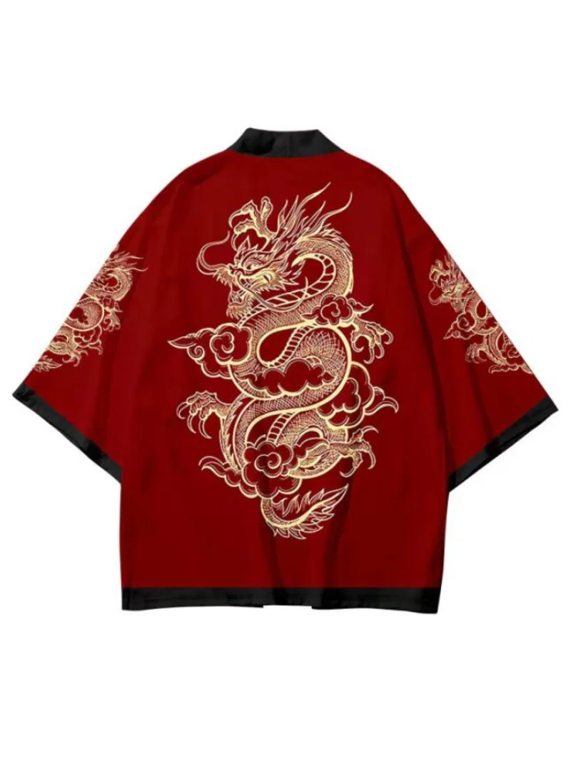 Japanese Kimono Clothes Chinese Dragon Design Fashion Japanese Cardigan Haori Unisex Traditional Costume Cosplay Red Shirt Yukata Beach Kimono
