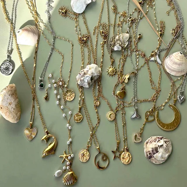 Sun Necklace Shell Choker Mermaid Tail Necklaces For Women Starfish Collar Ocean Series Summer Jewelry Stainless Steel Chain 4