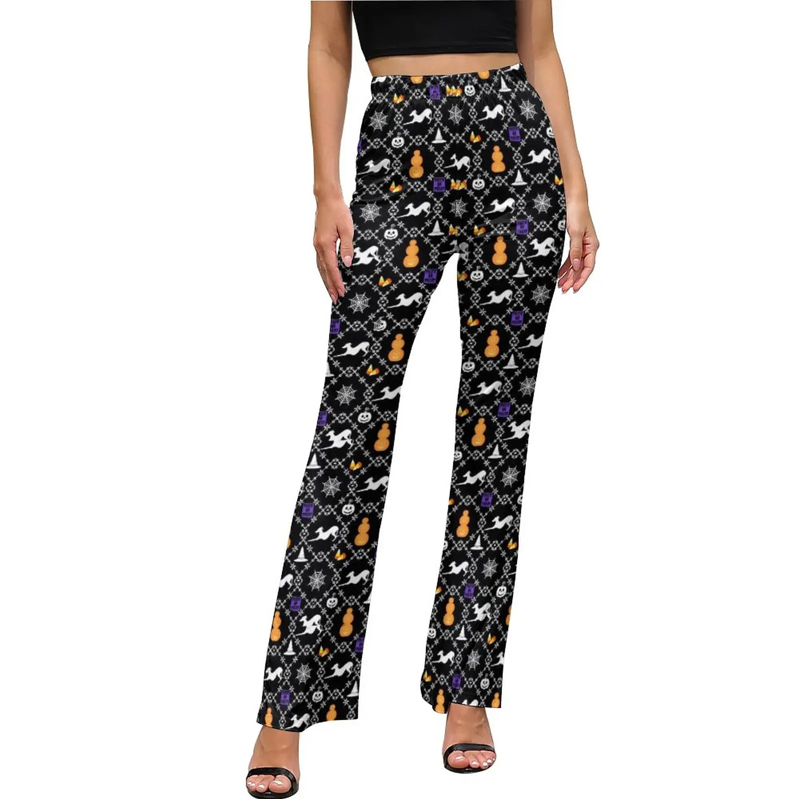 

Retro Halloween Pants Spider Web Pumpkin High Waisted Kawaii Flare Trousers Autumn Pattern Street Wear Pants Birthday Gift