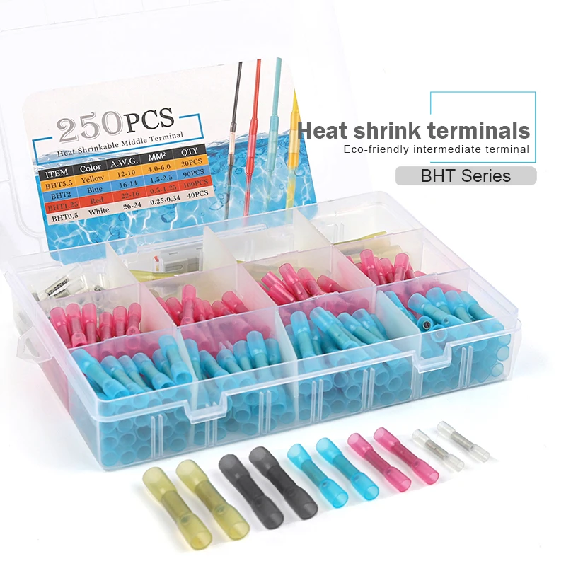 

50/100/250PCS/Box Waterproof Seal Heat Shrink Butt Connectors Electrical Wire Splice Cable Crimp Terminals Connectors Kit