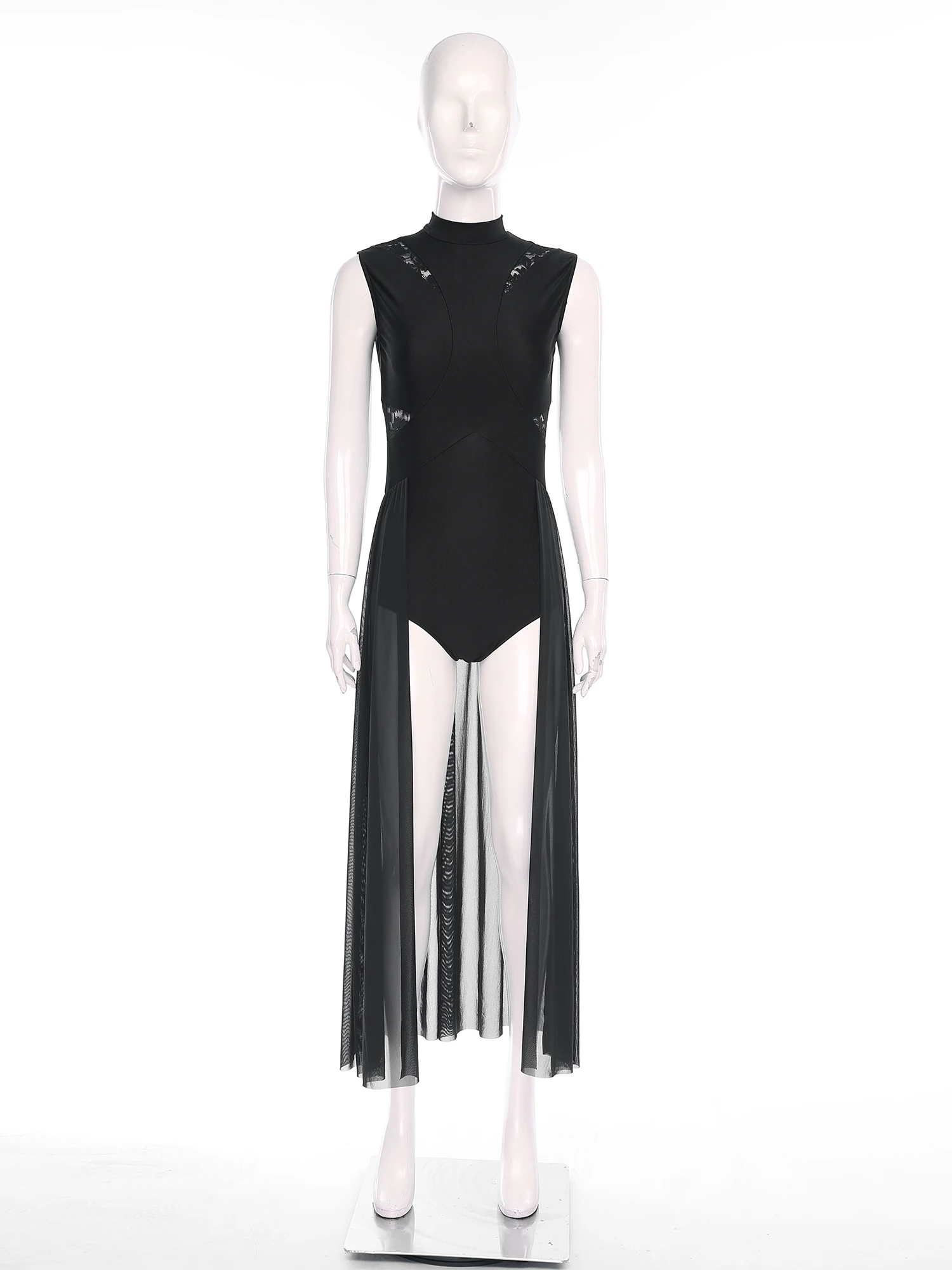 Lyrisches Tanz-Trikotkleid für Damen, Blumenspitze, Netzstoff, Spleißrock, Stehkragen, ärmellos, einteiliges Kleid, zeitgenössisches Tanzkostüm – Detail 9