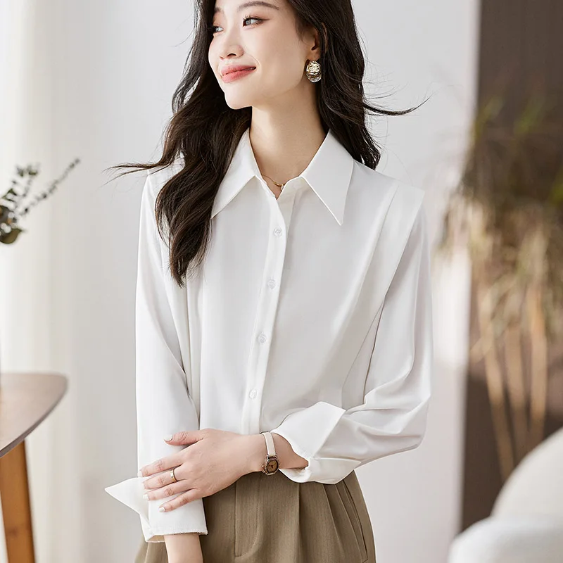 2024 Spring New French White Chic Chiffon Blouses Women Clothing Casual Fashion Design Sense Long Sleeved Shirts Lady Sweet Tops