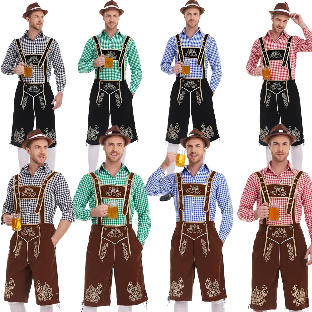 

Костюм на Октоберфест для взрослых мужчин, традиционные баварские шорты, костюмы, комбинезоны, рубашка, шапка, подтяжки, комплект одежды на Хэллоуин