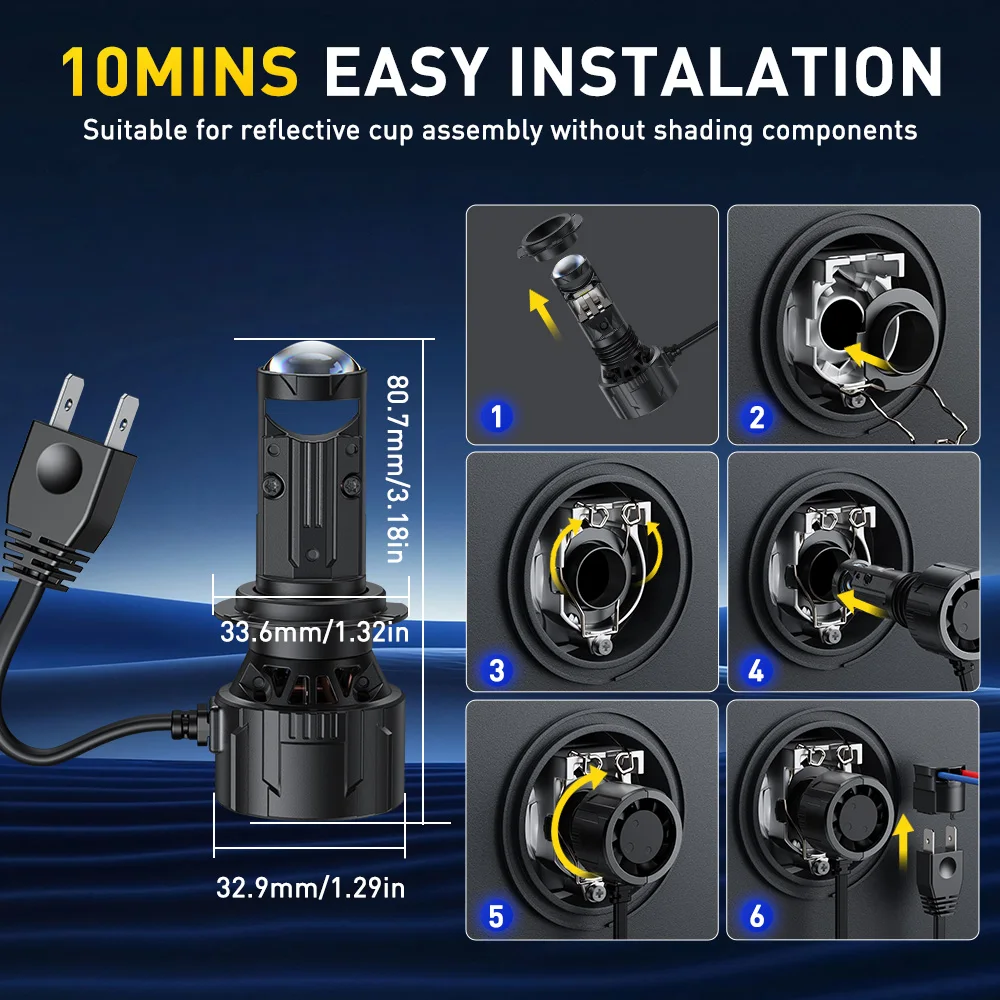 2개 AUXITO 90W H7 LED 프로젝터 헤드라이트 (렌즈 포함) 캔버스 터보 화이트 고출력 좌/우측 핸드 드라이브 레이저 스포트라이트 앰플 12V