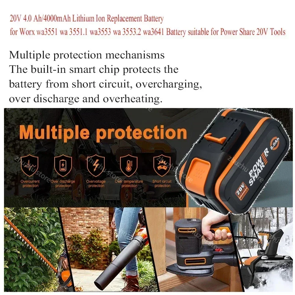Original Worx Lithium-Ionen-Ersatzakku WA3551 WA3553 WX176 WX550 WX386 WXino 3 WXgain WX800, WU268 20V 8,0 Ah – Detail 5