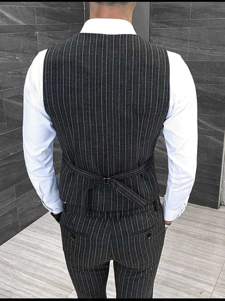 Left ROM Size S-5XL New Men's Fashion Boutique Cotton Stripe Wedding Dress Suit Vests Male Slim Stripe Business Vest Waist Coat