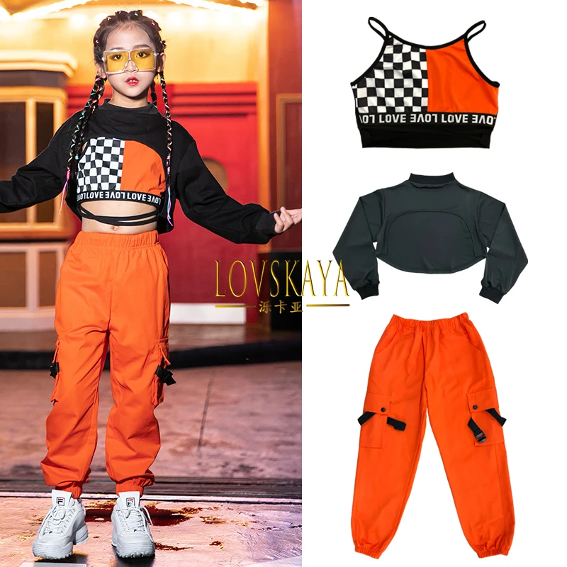 

Street Dance Clothes Orange Kpop Outfits Girls Modern Cheerleader Stage Performance Hip Hop Dance Costumes For Kids