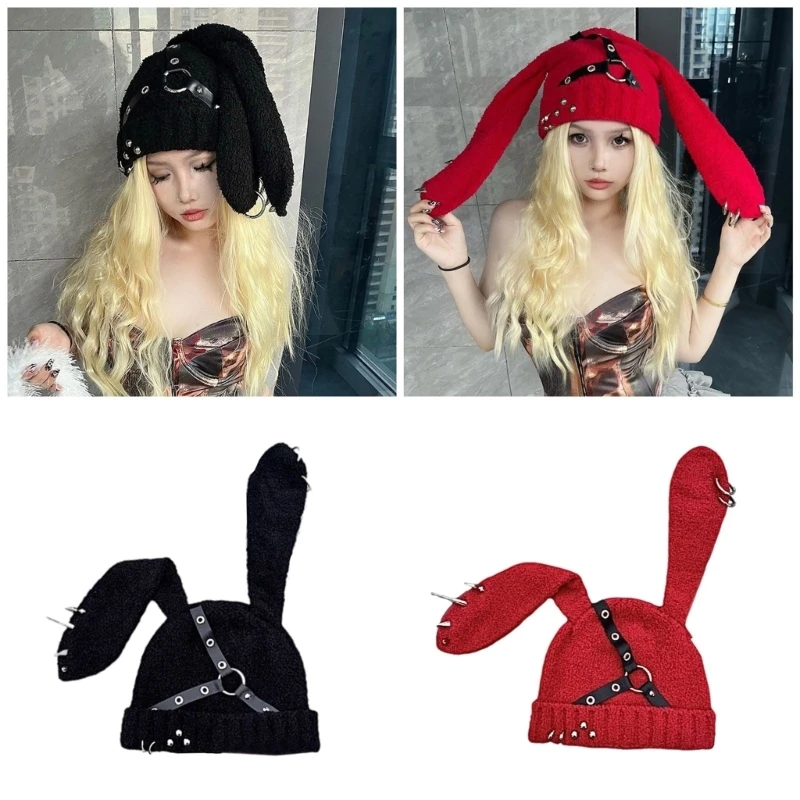 Punk Rivet Belt Hat for Girl 2000s Rabbit Ears Hat Winter Autumn Warm Outdoor Windproof Street Hiphop