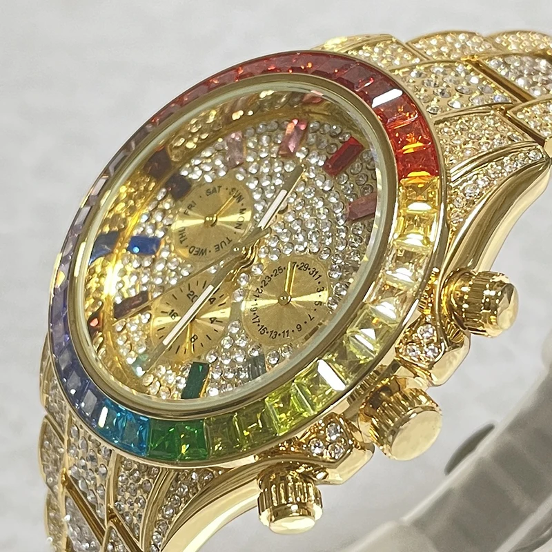 

2022 Luxury Brand MISSFOX Gold Hip Hop Watches Men Fashion Rainbow Diamond Waterproof Smart Watch Full Steel Sports Clocks Male