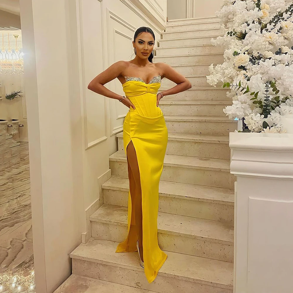 

Doymeny Yellow Long Sequins Prom Dresses Corset Sleeveless Evening Celebrity Dress Sweetheart Formal Party Gowns Occasion Dress