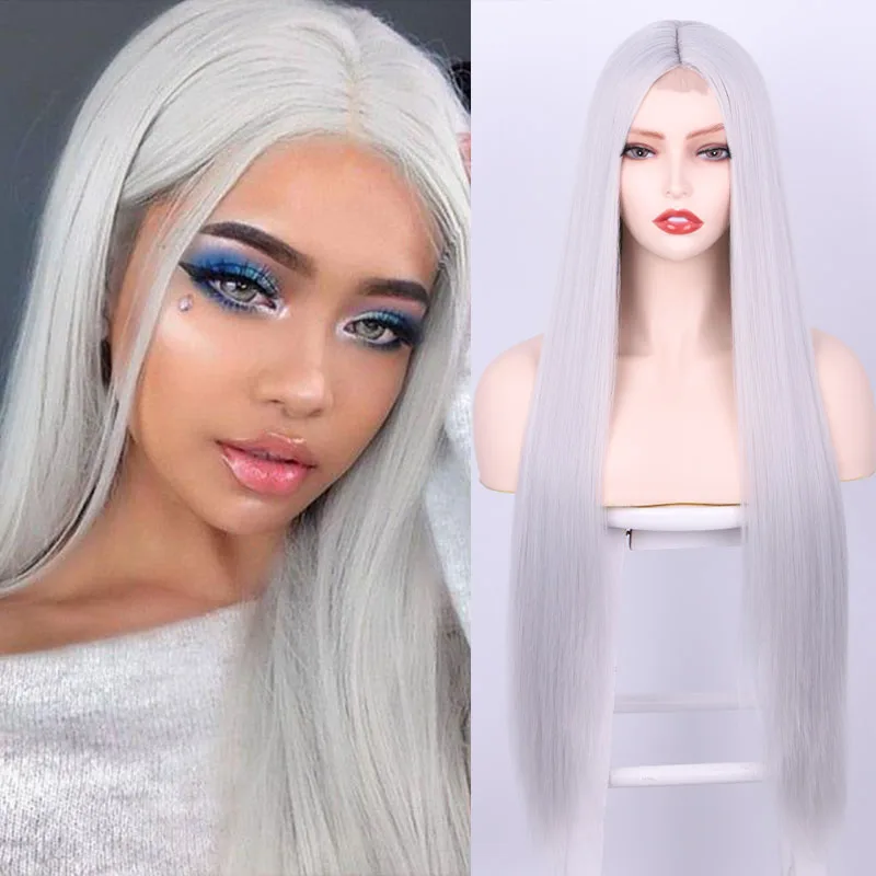 Belle Show Long Straight  Lace Front Wigs Synthetic Middle Part Long Hair Wigs Natural Soft For Women Daily Use White Grey Pink