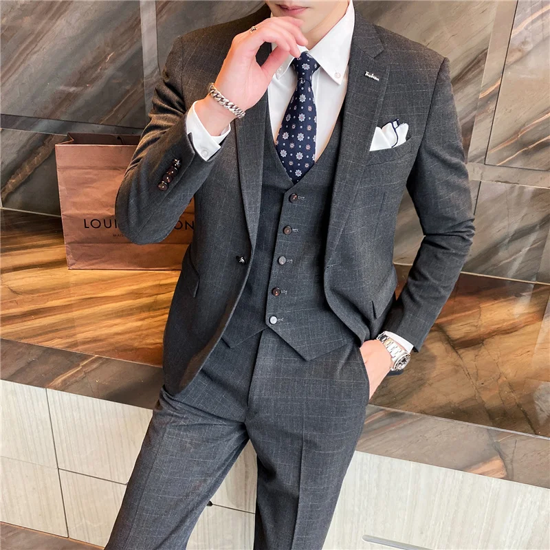 

2023 Fashion high-end (Blazer+ vest + trousers) business Korean version slim handsome groom wedding dress Blazer three-piece set