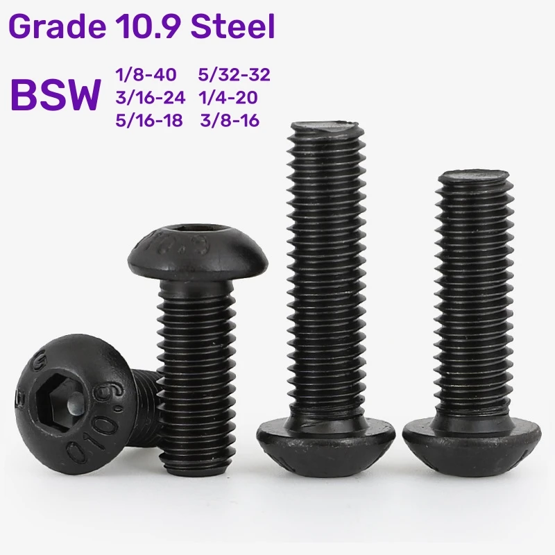 

1/8-40 5/32-32 3/16-24 1/4-20 5/16-18 3/8-16 BSW British Standard Grade 10.9 Black Round Head Hexagon Socket Screw Allen Bolt