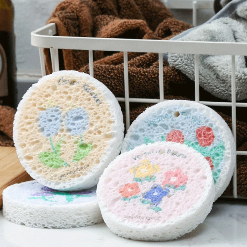 

5/10pcs Dishwashing Sponge Print Flower Scouring Pad Compressed Wood Pulp Sponge Cartoon Dish Cloths Pot Wipe Kitchen Cleaning