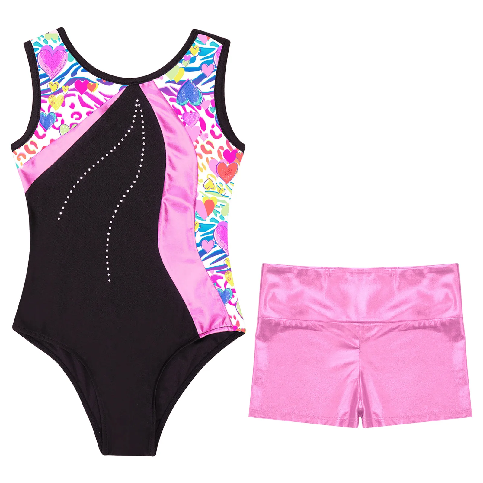Kids Girls Sleeveless Printed Patchwork Leotard with Metallic High Waist Shorts Sets for Dancing Skating Gymnastics Jumpsuit
