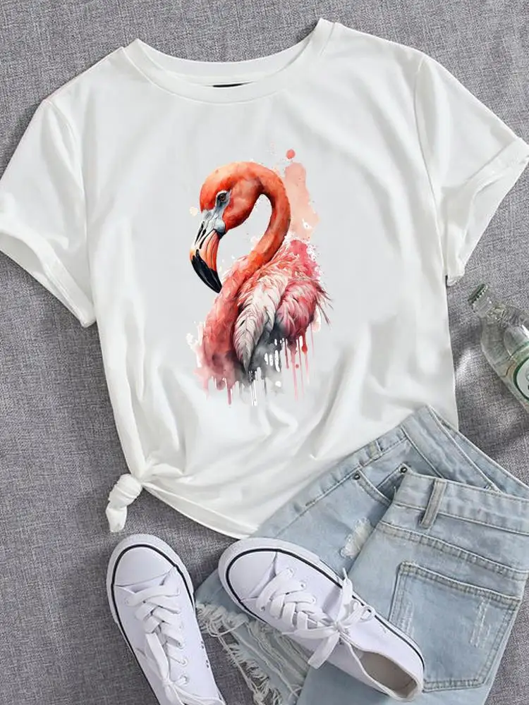 

Watercolor Flamingo Lovely Women Top Casual Short Sleeve Printed T Shirt Clothing Female Fashion Tee Clothes Graphic T-shirts