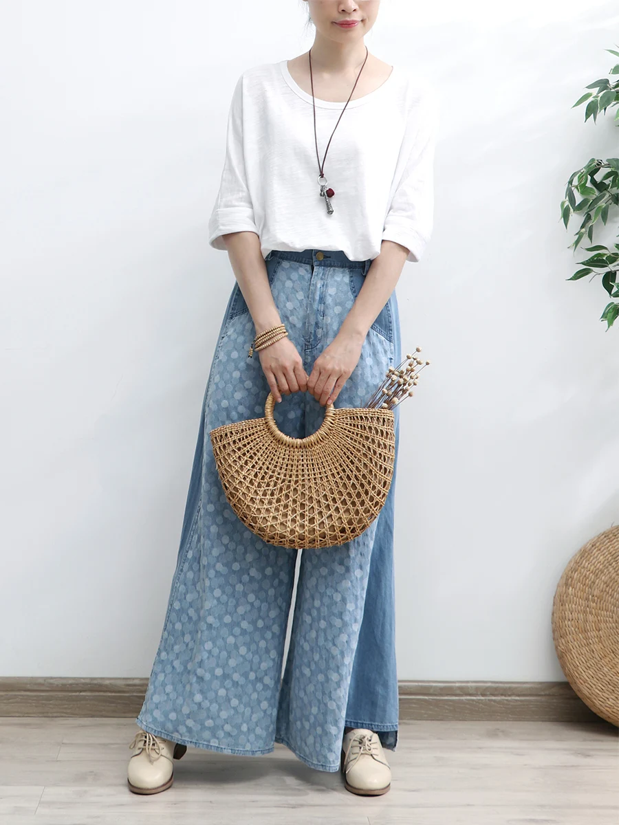 TIYIHAILEY Free Shipping Wide Leg Long Pants For Women Trousers Denim Jeans Elastic Waist Casual Pants With Pockets Print