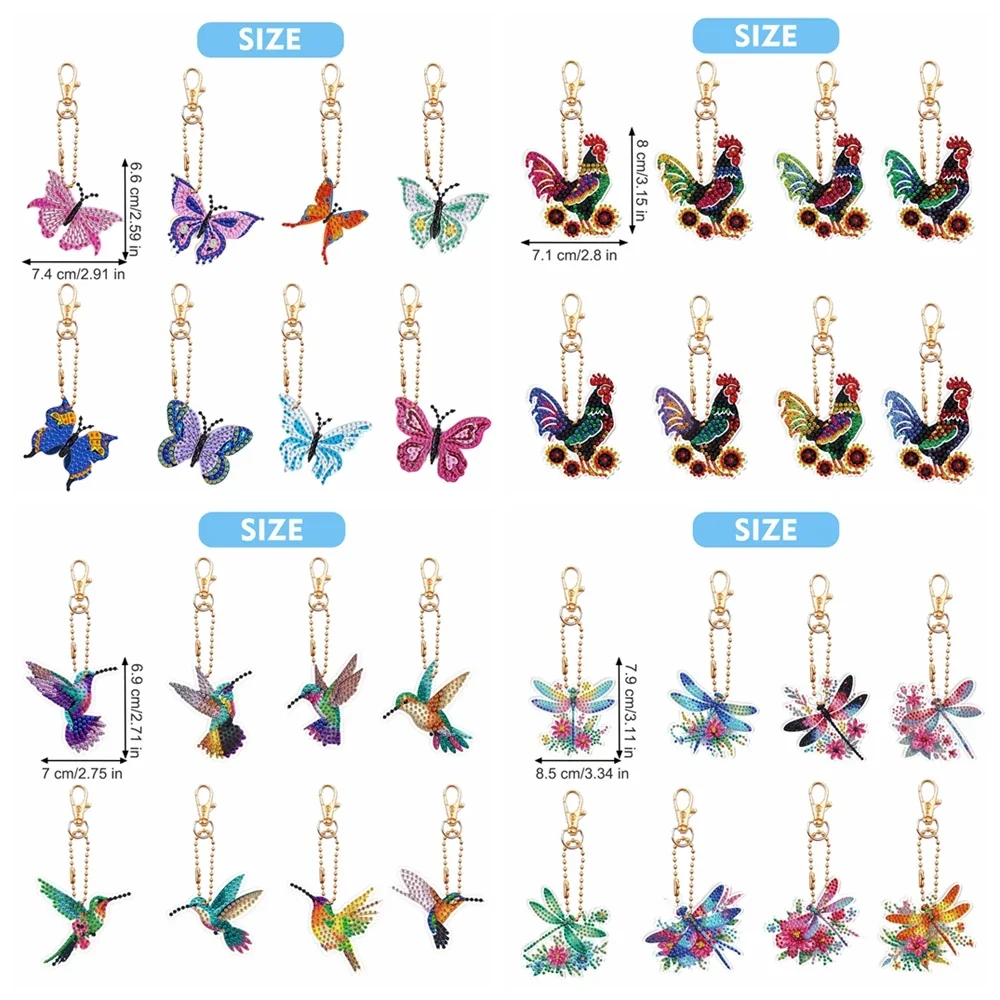 DIY Dragonfly Diamond Art Keychains 8pcs/set diamond keychains Diamond Art Butterfly Keychains Birds Painting Kits