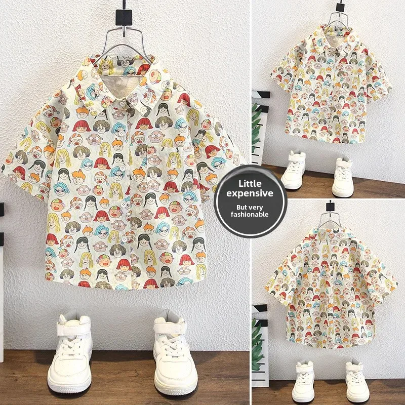 Boys Summer Short Sleeve Shirt Thin Print Fashionable Cartoon Top for Children Hot Sale Of The Season Male Kid's Clo