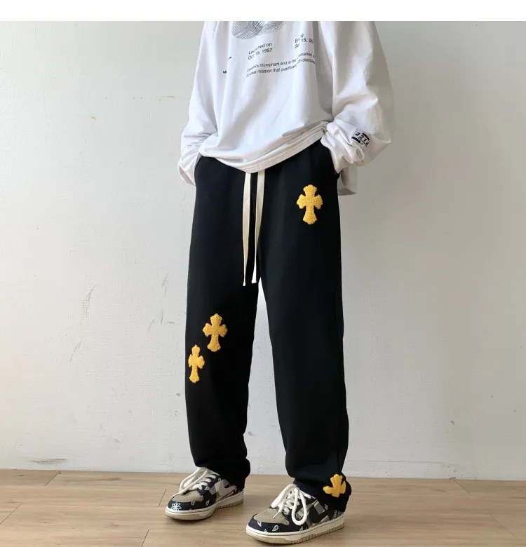 orange sweatpants Embroidered Cross Pattern Harem Pants for Teens Fashion Trends Streetwear Male Jogger Casual Drawstring Sweatpants Mens Clothing red sweatpants