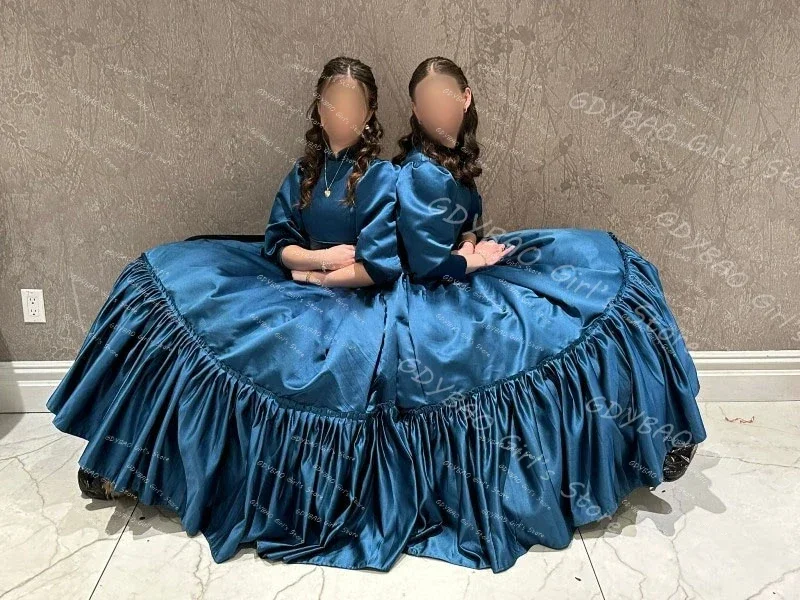 A-line Girls Gowns High Neck 3/4 Sleeve Bridesmaid Dresses for Wedding Teens Pleated Satin Formal Long Dress
