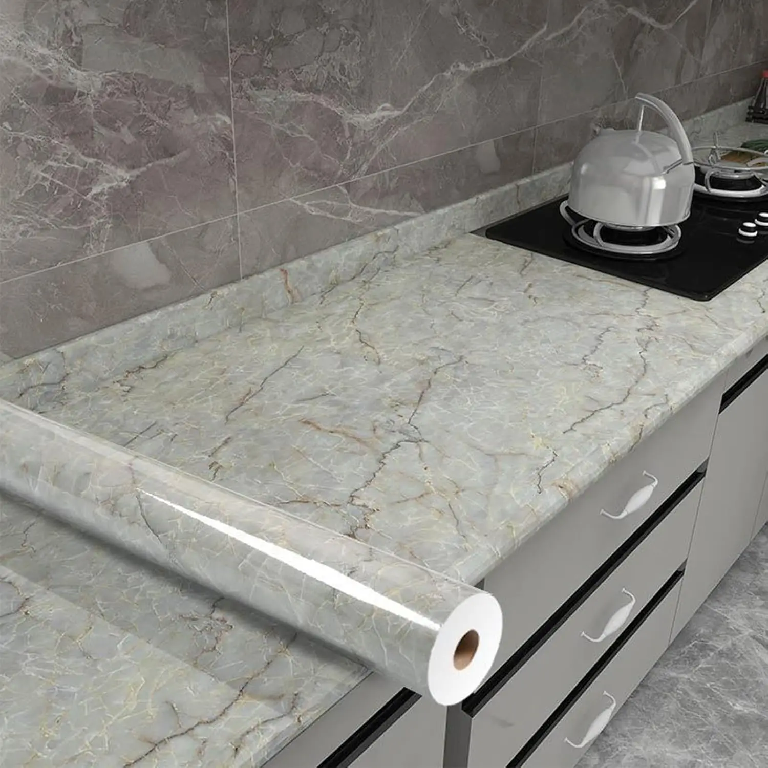 ฟิล์มกันน้ำมันสำหรับห้องครัว ป้องกันน้ำ ป้องกันความชื้น วอลเปเปอร์ติดผนังเคาน์เตอร์ ตู้ ติดตั้งง่ายด้วยกาวในตัว สำหรับตกแต่งกระเบื้องลายหินอ่อน 1