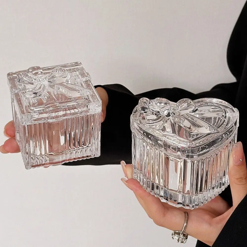 3Pcs Transparent Crystal Glass Jewelry Storage Box Exquisite Decorative Ring Earrings Gift Boxes with Lid Heart-Shaped