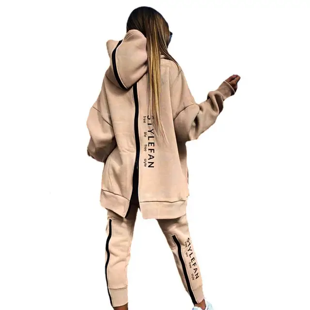 Survêtement Chic surdimensionné avec fermeture éclair au dos, ensemble Long à capuche + pantalon, vêtements de sport de rue, pull Hip-Hop, tenues deux pièces pour femmes, hiver 1