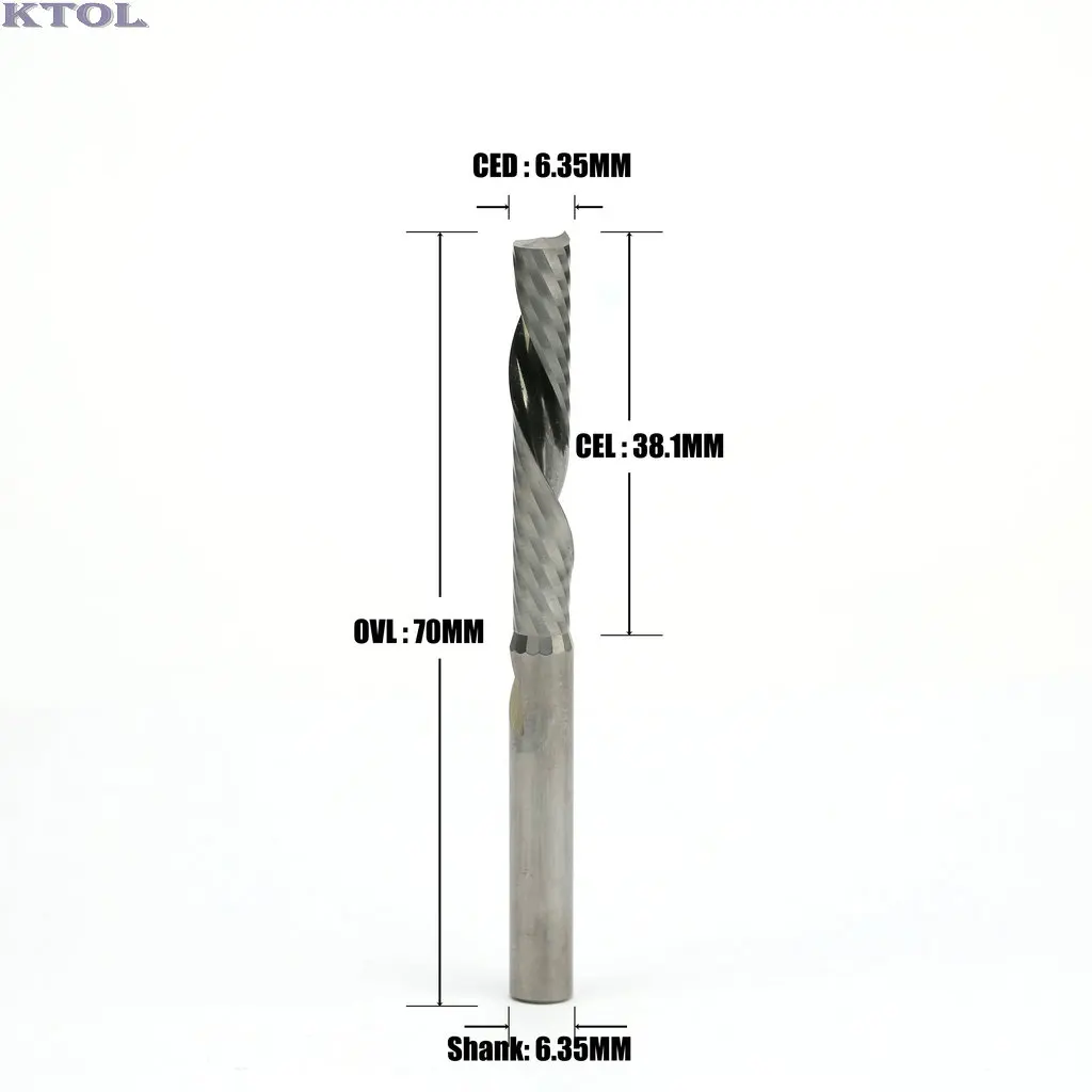 

Пользовательские инструменты 6,35x38,1 мм OVL-70mm Одна Флейта спиральная фреза Концевая фреза CNC Резец для древесины, деревообрабатывающий фреза для фрезерования с ЧПУ