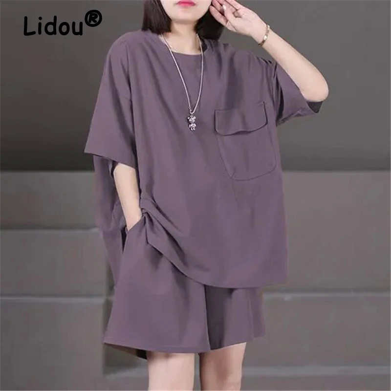 

Two Piece Set for Women Clothes 2023 Summer Casual Oversized Streetwear Comfortable Tops Drawstring Solid Pockets Shorts Outfits
