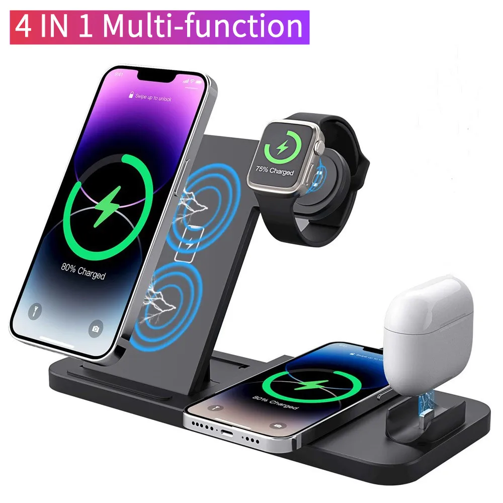 

4 IN 1 Wireless Charger Stand For iPhone 15 14 13 12 11 Pro Max Samsung S23 Fast Charging Dock Station For Apple Watch 8 Airpods