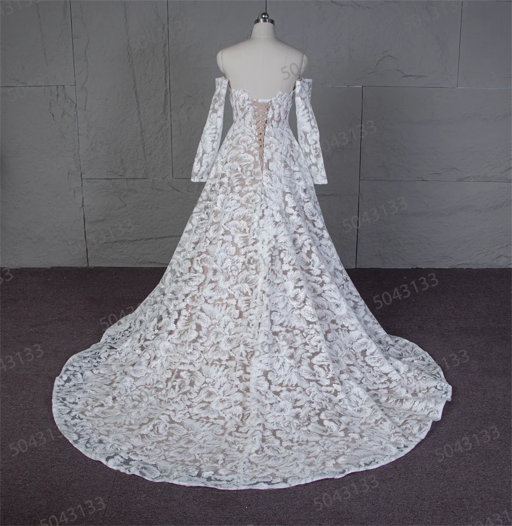 Customized Strapless Wedding Dress with Detachable Long Sleeves Exquisite Lace Bridal Gown Bling Bling New Arrival