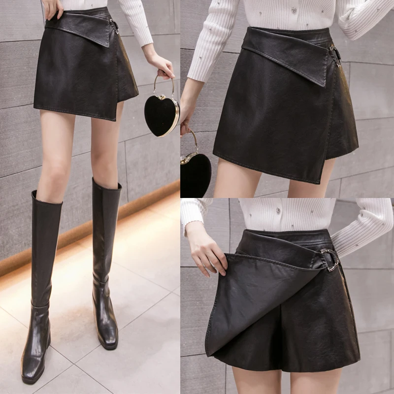 

High Quality 2022 Women High Elastic Waist Wide Leg Leather Shorts Casual Female Loose PU Faux Leather Shorts Short Pant Female