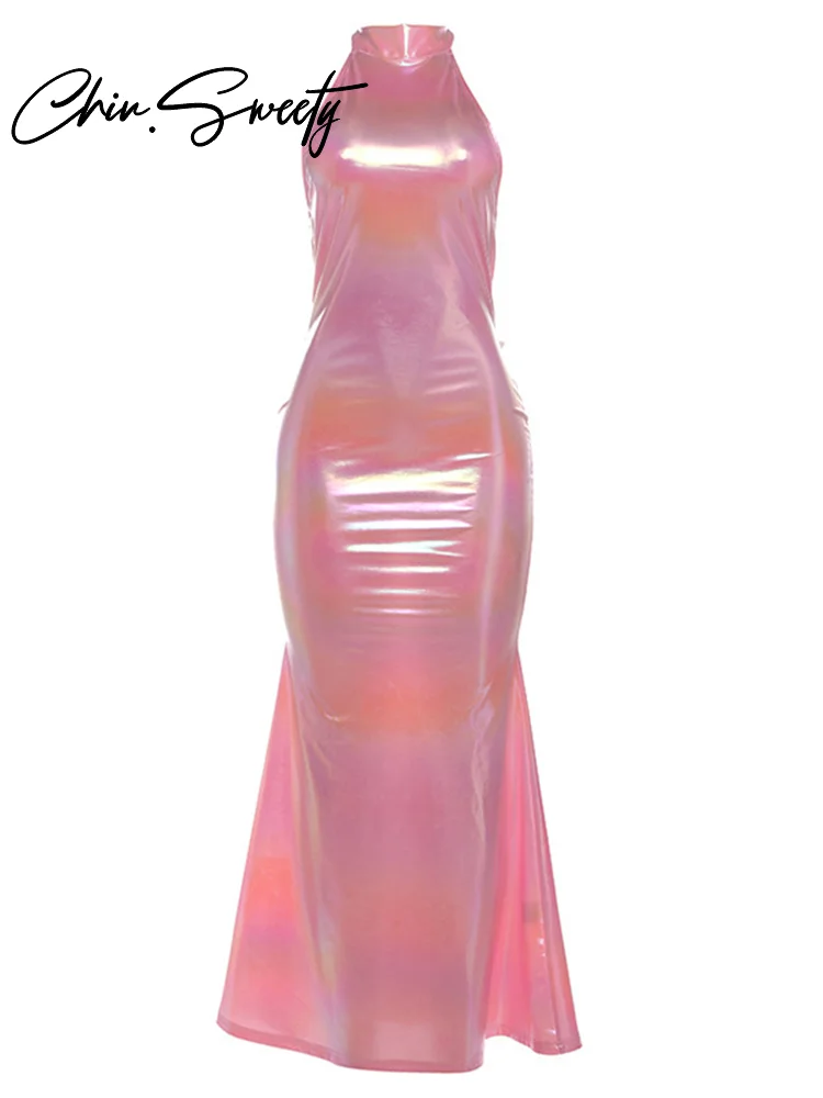 Girls dress Urban bow leather long shiny dress Women backless halter off shoulder sleeveless lace up female dress Sexy lady robe