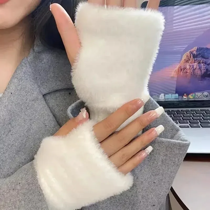 Women's Half Finger Fingerless Warm Gloves Outdoor Stretch Furry Mittens Gifts half finger gloves fingerless gloves warm gloves