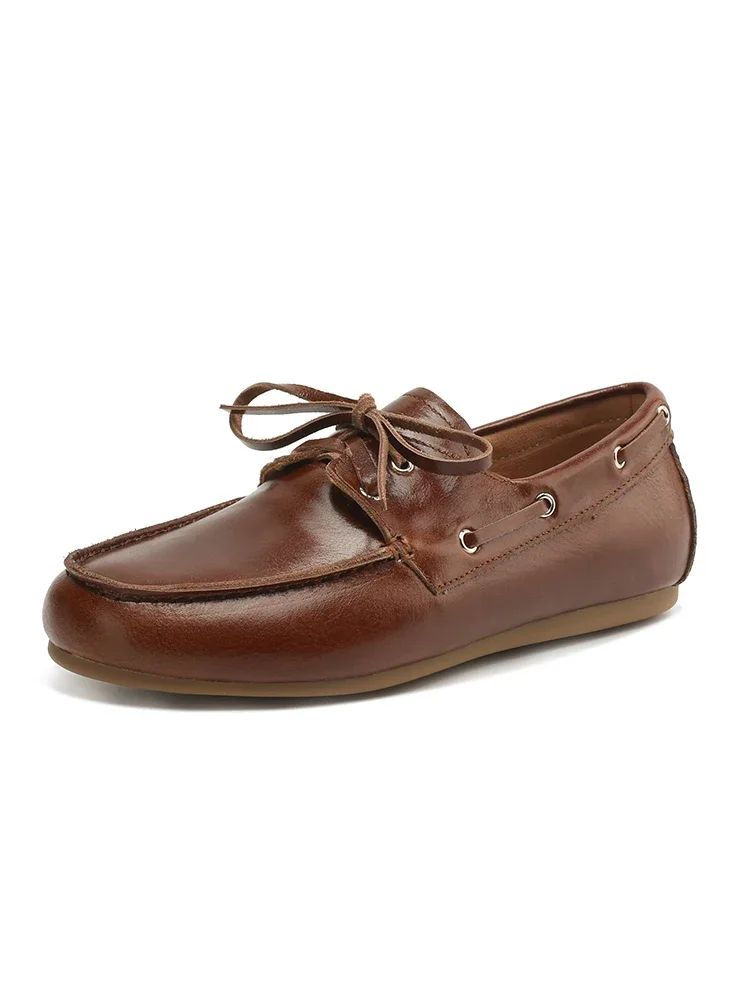 2025 NEW Trend Women Flat Shoes Genuine Leather Spring Autumn Lady Casual Lace Up Shoes Oversizes Size Apricot Brown Women Flats 5